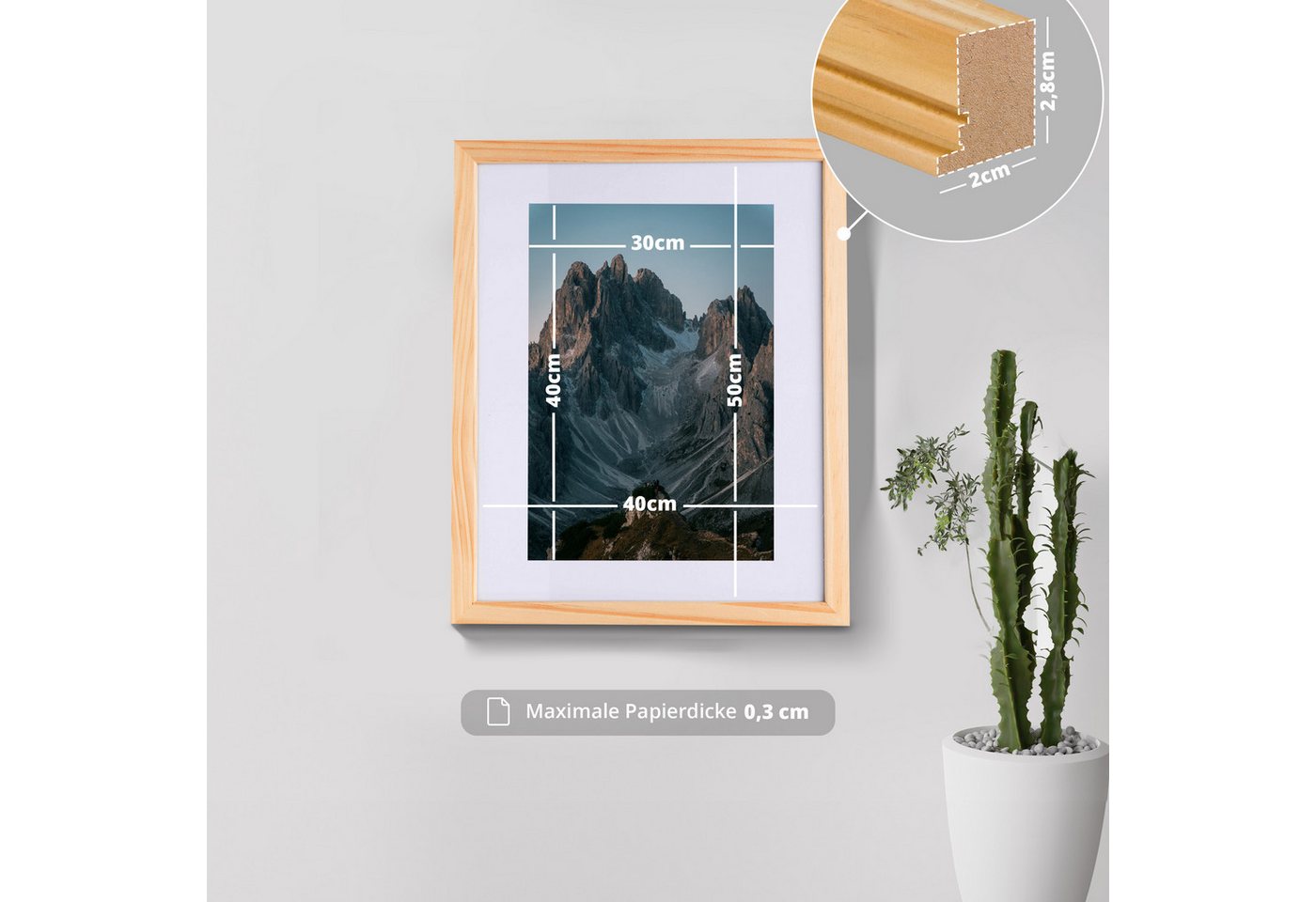 KHG Bilderrahmen 40x50 cm Natur, für 1 Bilder (stabile Glasfront, MDF-Holz-Rahmen foliert & Passepartout, 1 St), Premium-Rahmen für Fotos, Poster, Zertifikate & – Bild 2 von 5