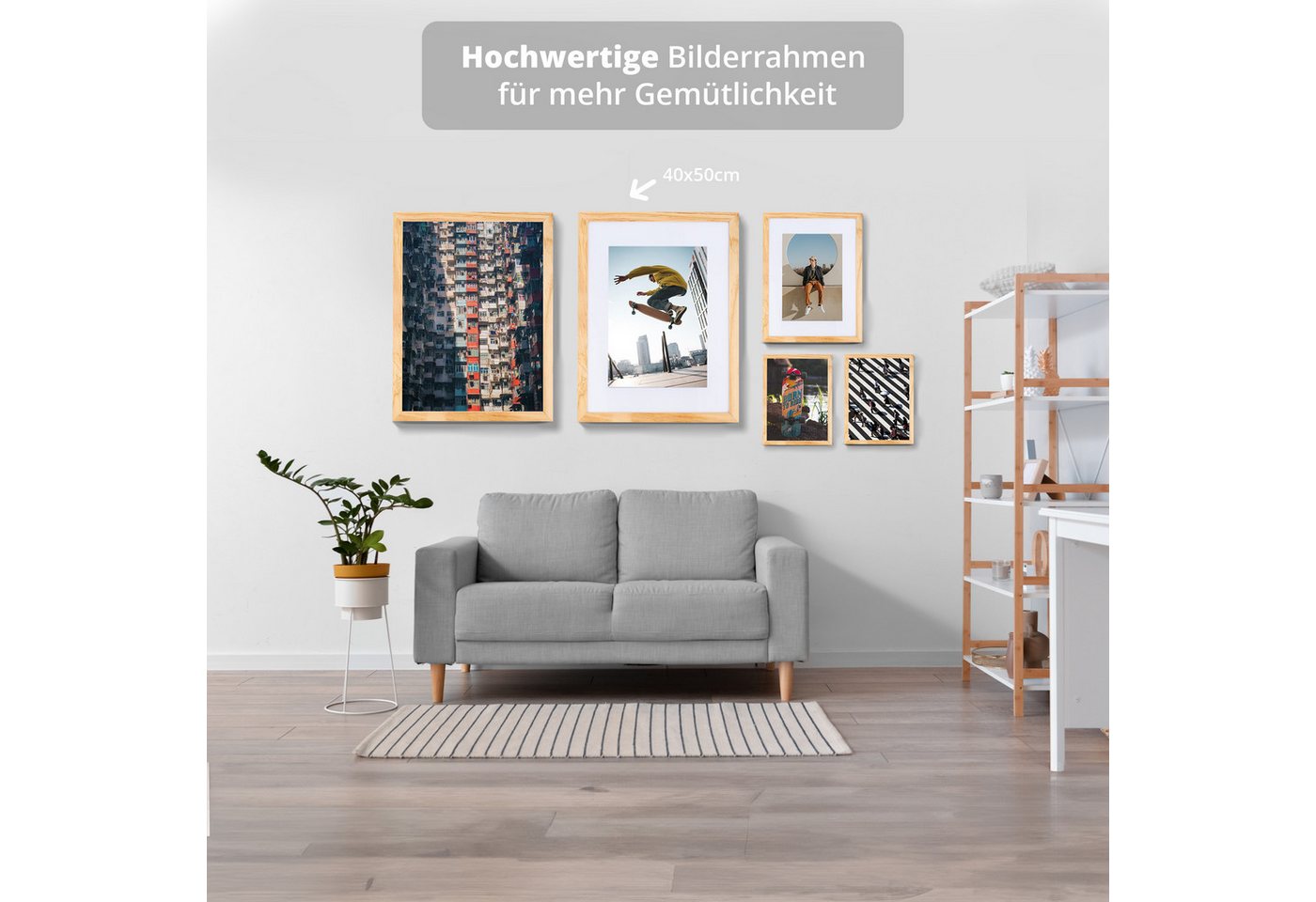 KHG Bilderrahmen 40x50 cm Natur, für 1 Bilder (stabile Glasfront, MDF-Holz-Rahmen foliert & Passepartout, 1 St), Premium-Rahmen für Fotos, Poster, Zertifikate & – Bild 3 von 5