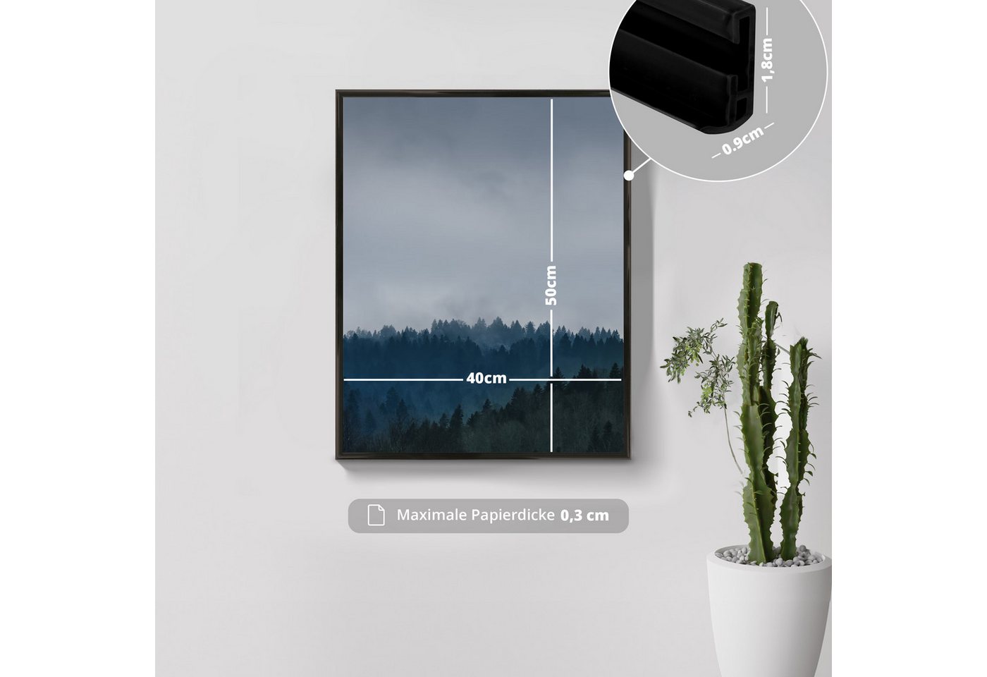 KHG Bilderrahmen 40x50 cm Schwarz, für 1 Bilder (stabile Glasfront & Kunststoff-Rahmen, 1 St), für Fotos, Poster, Zertifikate & Collagen, Steckanbringung für Ho – Bild 2 von 5