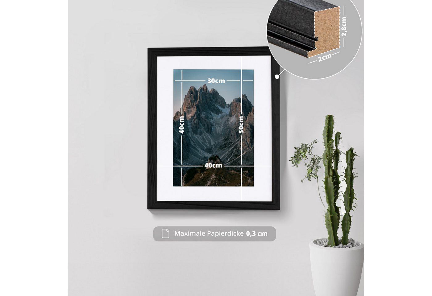 KHG Bilderrahmen 40x50 cm Schwarz, für 1 Bilder (stabile Glasfront, MDF-Holz-Rahmen foliert & Passepartout, 1 St), Premium-Rahmen für Fotos, Poster, Zertifikate – Bild 2 von 5
