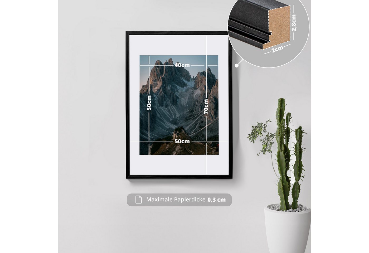 KHG Bilderrahmen 50x70 cm Schwarz, für 1 Bilder (stabile Glasfront, MDF-Holz-Rahmen foliert & Passepartout, 1 St), Premium-Rahmen für Fotos, Poster, Zertifikate – Bild 2 von 5