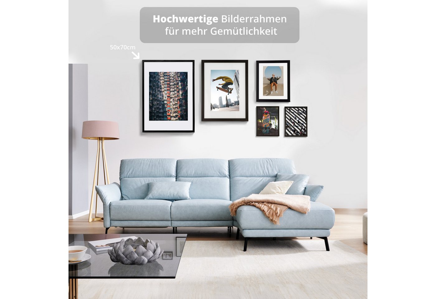 KHG Bilderrahmen 50x70 cm Schwarz, für 1 Bilder (stabile Glasfront, MDF-Holz-Rahmen foliert & Passepartout, 1 St), Premium-Rahmen für Fotos, Poster, Zertifikate – Bild 3 von 5