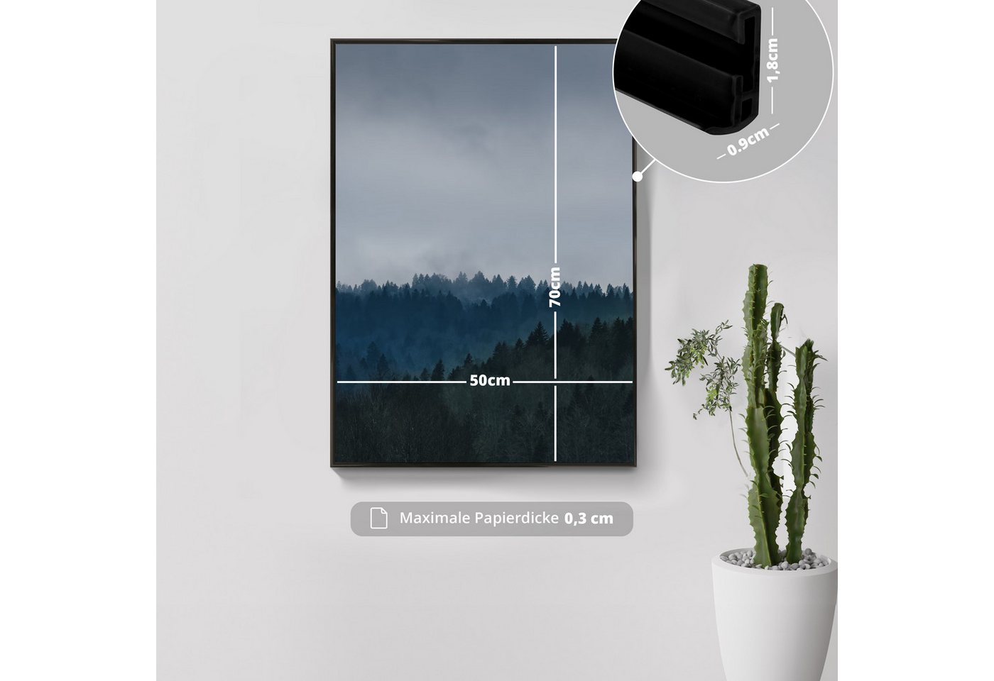 KHG Bilderrahmen 50x70 cm Schwarz, für 1 Bilder (stabile Glasfront & Kunststoff-Rahmen, 1 St), für Fotos, Poster, Zertifikate & Collagen, Steckanbringung für Ho – Bild 2 von 5