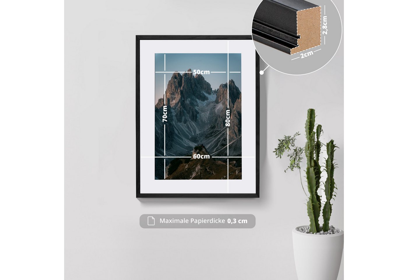 KHG Bilderrahmen 60x80 cm Schwarz, für 1 Bilder (stabile Glasfront, MDF-Holz-Rahmen foliert & Passepartout, 1 St), Premium-Rahmen für Fotos, Poster, Zertifikate – Bild 2 von 5
