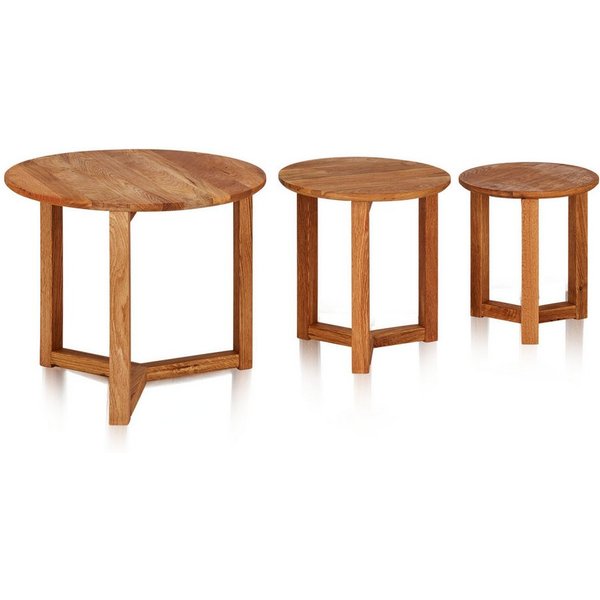 KHG Couchtisch 3er Set geöltes Massivholz Eiche runde Tischplatte (Kufen-Gestell klassisches Sofatisch-Set belastbar 50 kg, langlebiges Holz rustikales Design p