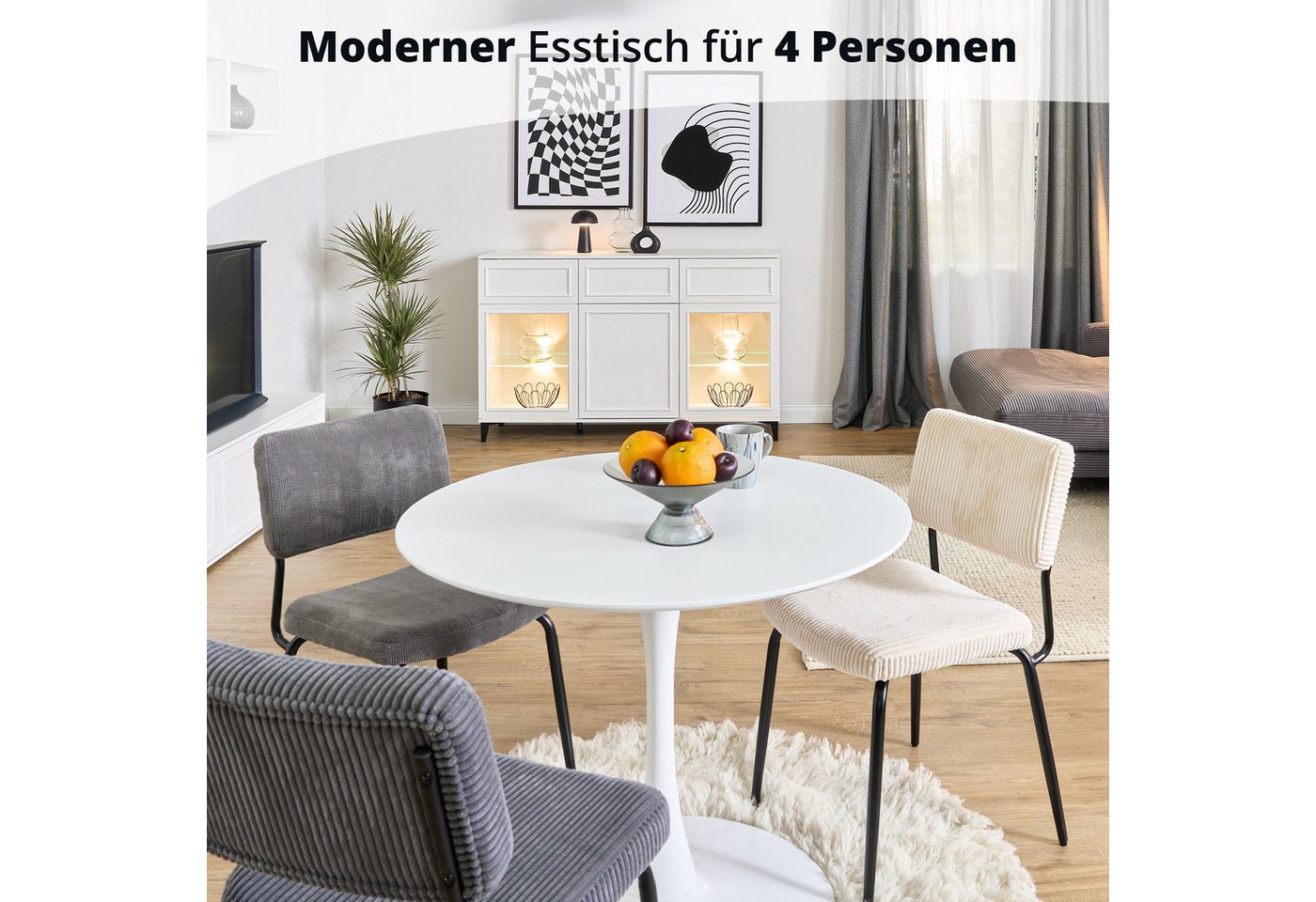 KHG Esstisch Rund 90 cm Durchmesser, Weiß, bis 120 kg belastbar, Tischplatte lackiert, minimalistisches Design, für bis zu 4 Personen – Bild 2 von 5