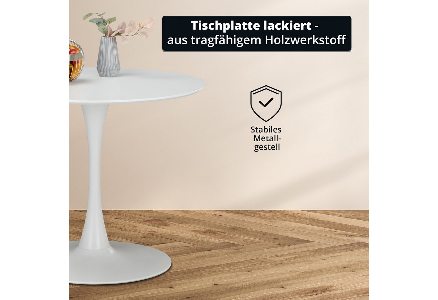 KHG Esstisch Rund 90 cm Durchmesser, Weiß, bis 120 kg belastbar, Tischplatte lackiert, minimalistisches Design, für bis zu 4 Personen – Bild 3 von 5