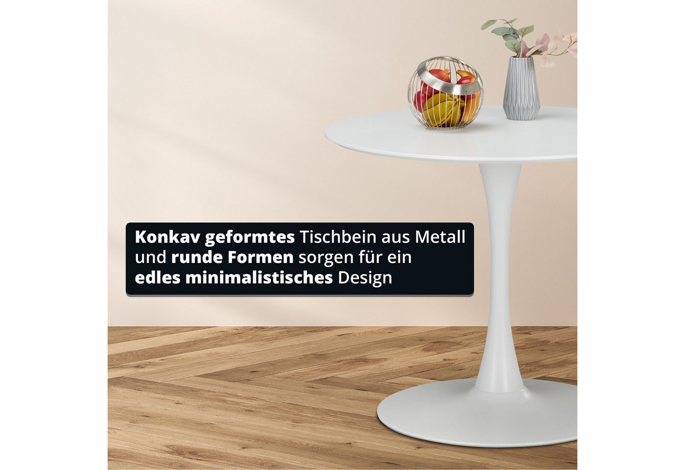 KHG Esstisch Rund 90 cm Durchmesser, Weiß, bis 120 kg belastbar, Tischplatte lackiert, minimalistisches Design, für bis zu 4 Personen – Bild 4 von 5