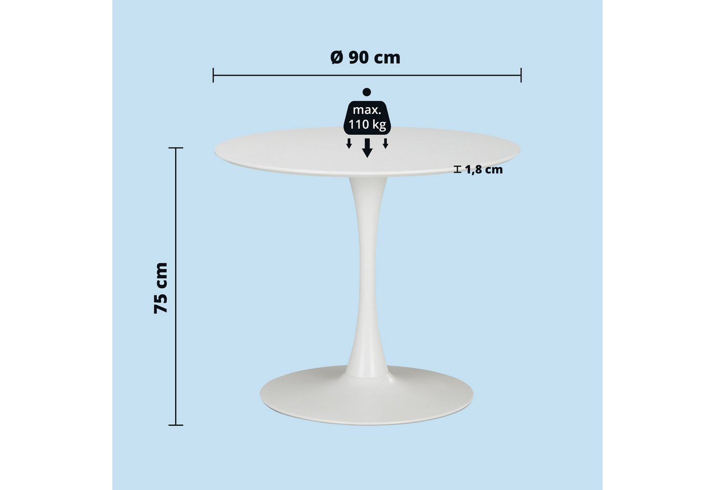 KHG Esstisch Rund 90 cm Durchmesser, Weiß, bis 120 kg belastbar, Tischplatte lackiert, minimalistisches Design, für bis zu 4 Personen – Bild 5 von 5