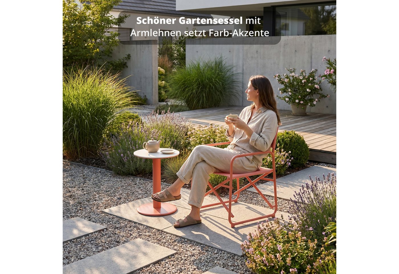 KHG Gartensessel Orange-Rot, moderner Gartenstuhl auf Stahl-Gestell mit Textil-Gewebe, (klappbar, wetterfest, 120 kg belastbar 65x79x65 cm, 1-St), Armlehne – Bild 3 von 5