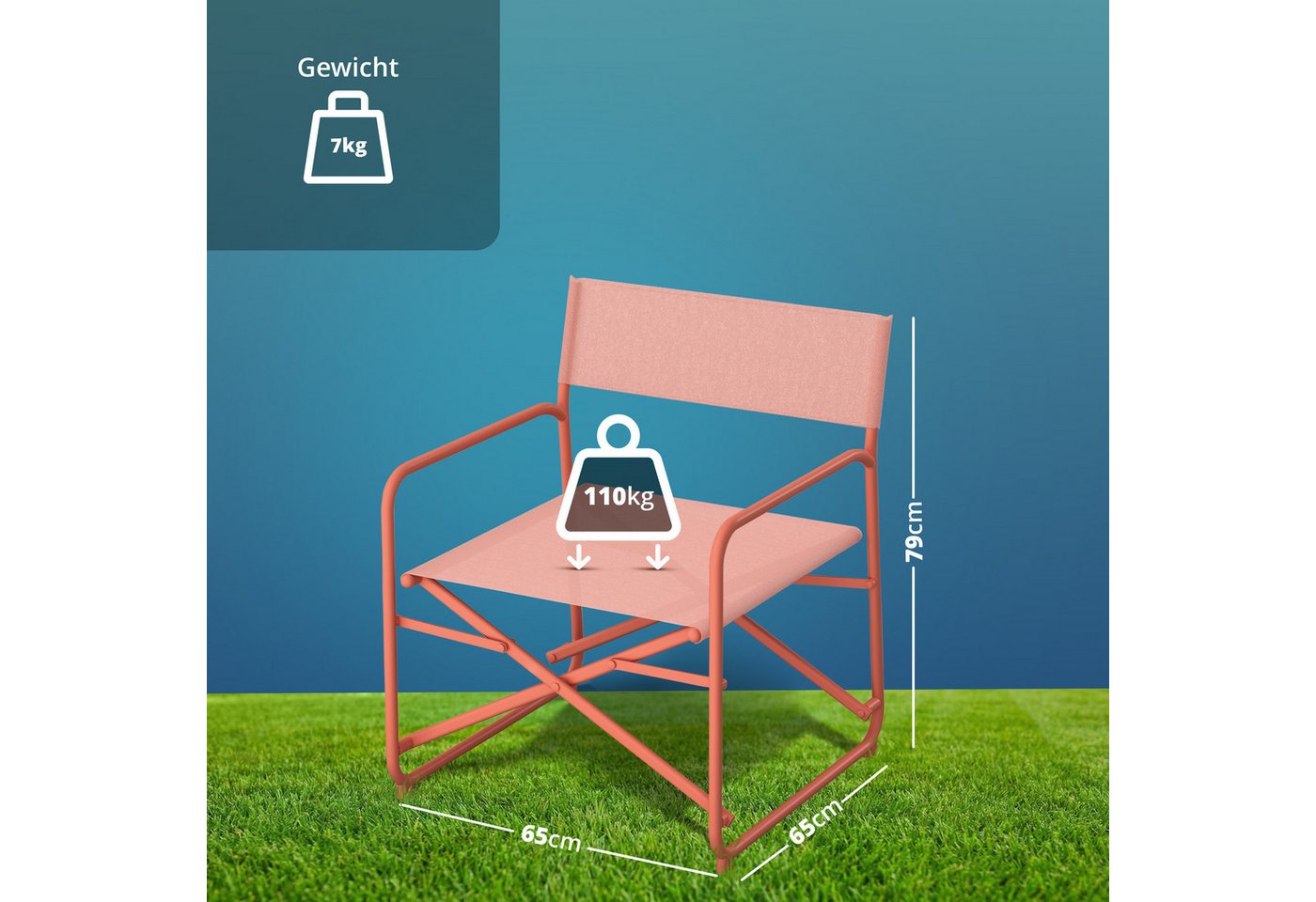KHG Gartensessel Orange-Rot, moderner Gartenstuhl auf Stahl-Gestell mit Textil-Gewebe, (klappbar, wetterfest, 120 kg belastbar 65x79x65 cm, 1-St), Armlehne – Bild 4 von 5