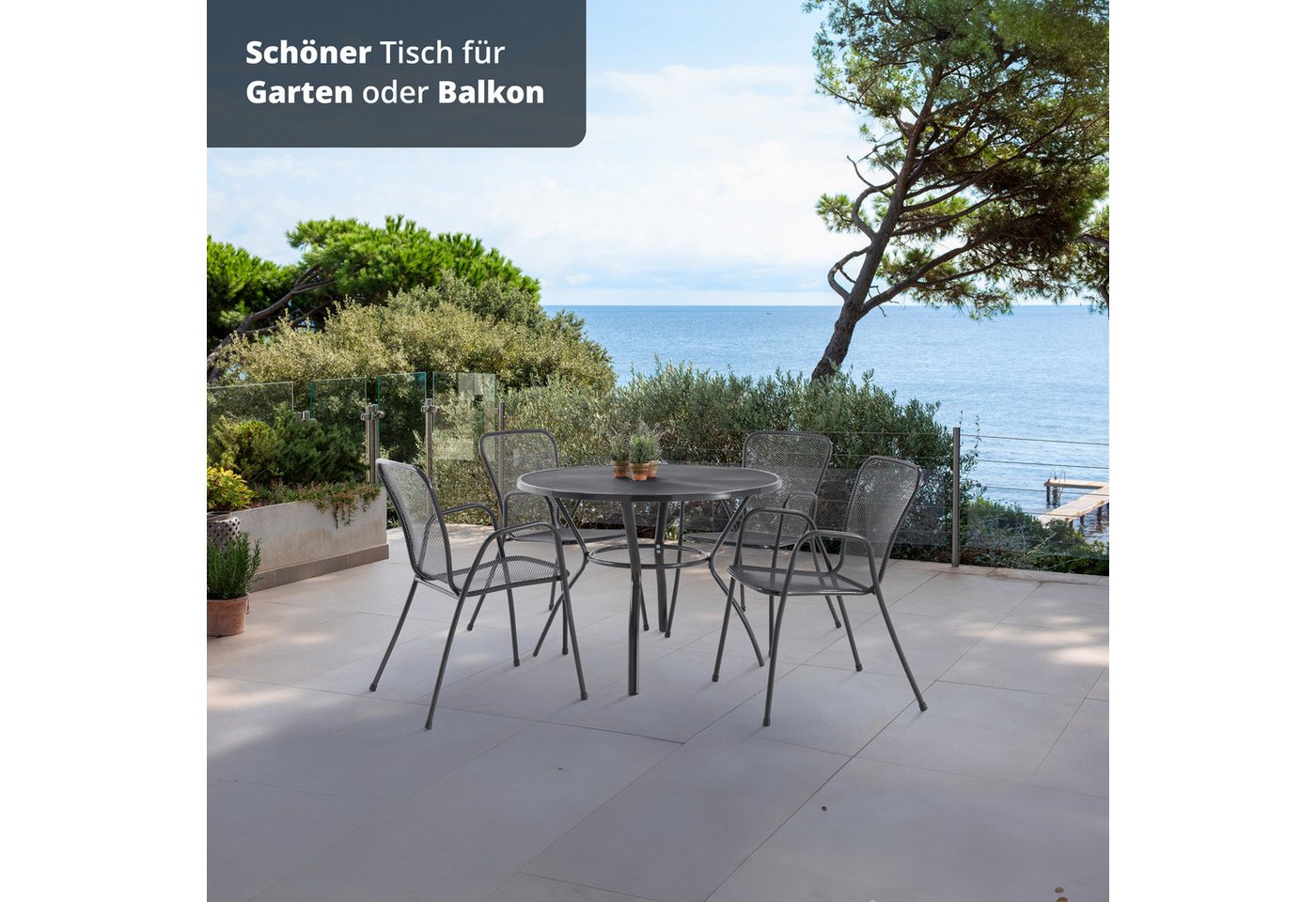 KHG Gartentisch Gartentisch mit Gittergeflecht Anthrazit ⌀ 90 cm, bis 50 kg belastbar (Outdoor-Tisch Rund), aus Eisen, zum Schutz pulverbeschichtet – Bild 2 von 5