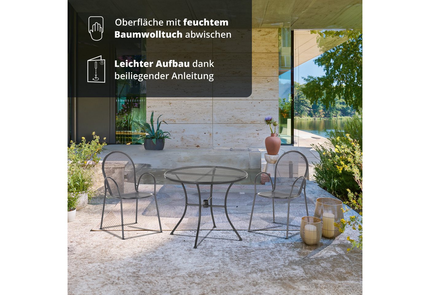 KHG Gartentisch Gartentisch mit Gittergeflecht Anthrazit ⌀ 90 cm, bis 50 kg belastbar (Outdoor-Tisch Rund), aus Eisen, zum Schutz pulverbeschichtet – Bild 5 von 5
