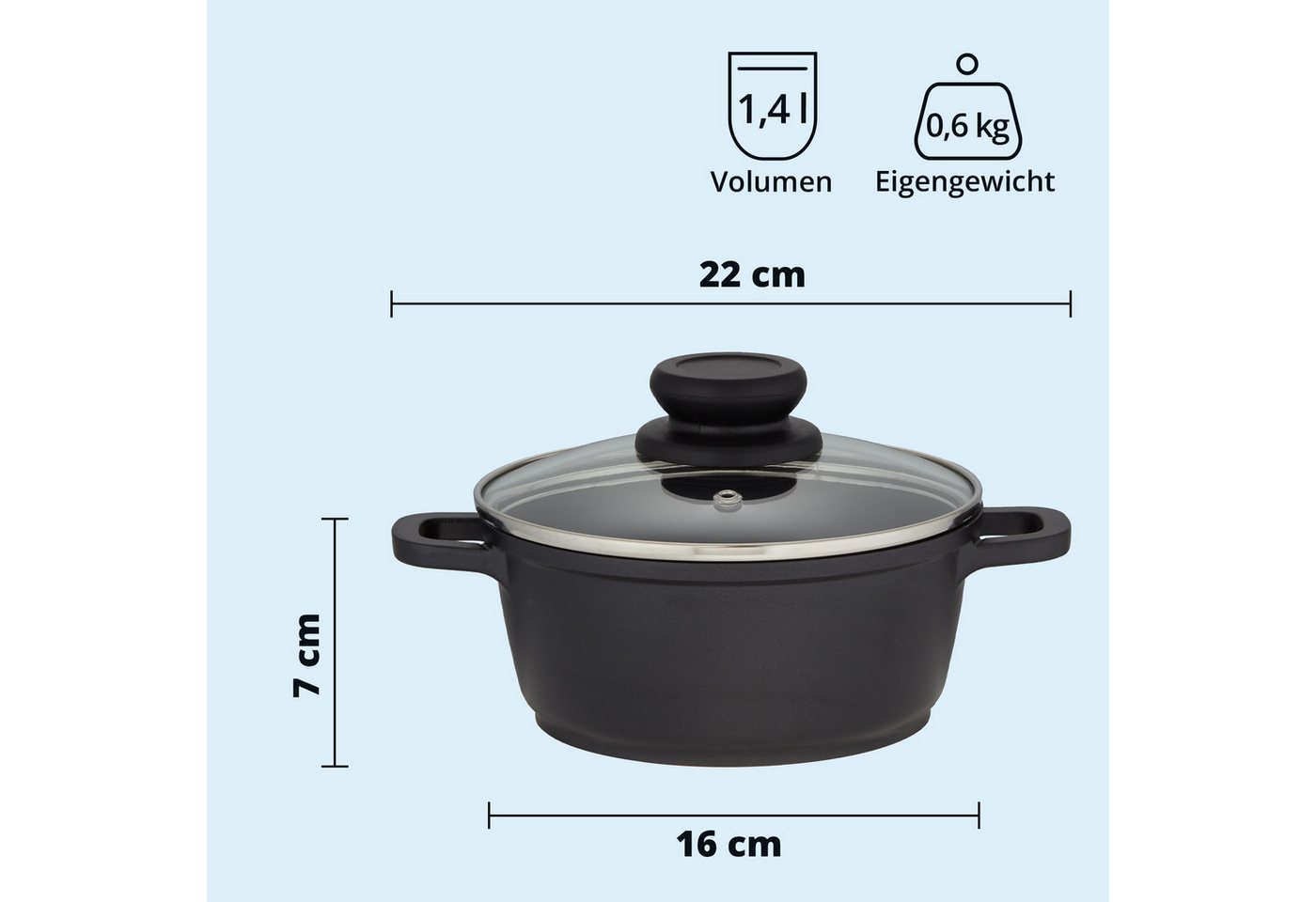 KHG Kochtopf aus einem Guss, Antihaftbeschichtung, 16 cm Durchmesser, Schwarz, Aluminium, 1,25 Liter Volumen, Glasdeckel, für alle Herdarten inklusive Induktion – Bild 3 von 5