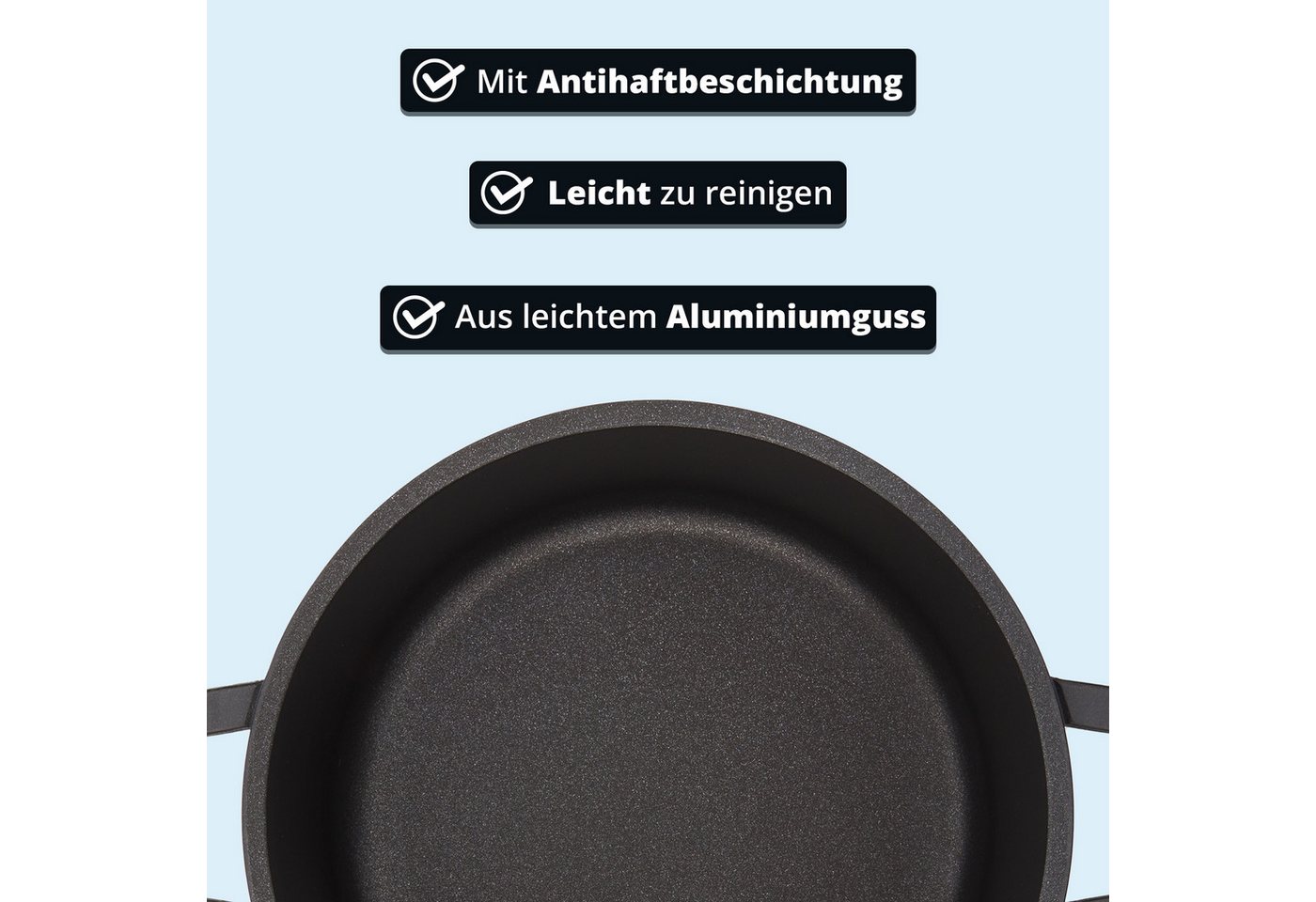 KHG Kochtopf aus einem Guss, Antihaftbeschichtung, 16 cm Durchmesser, Schwarz, Aluminium, 1,25 Liter Volumen, Glasdeckel, für alle Herdarten inklusive Induktion – Bild 4 von 5