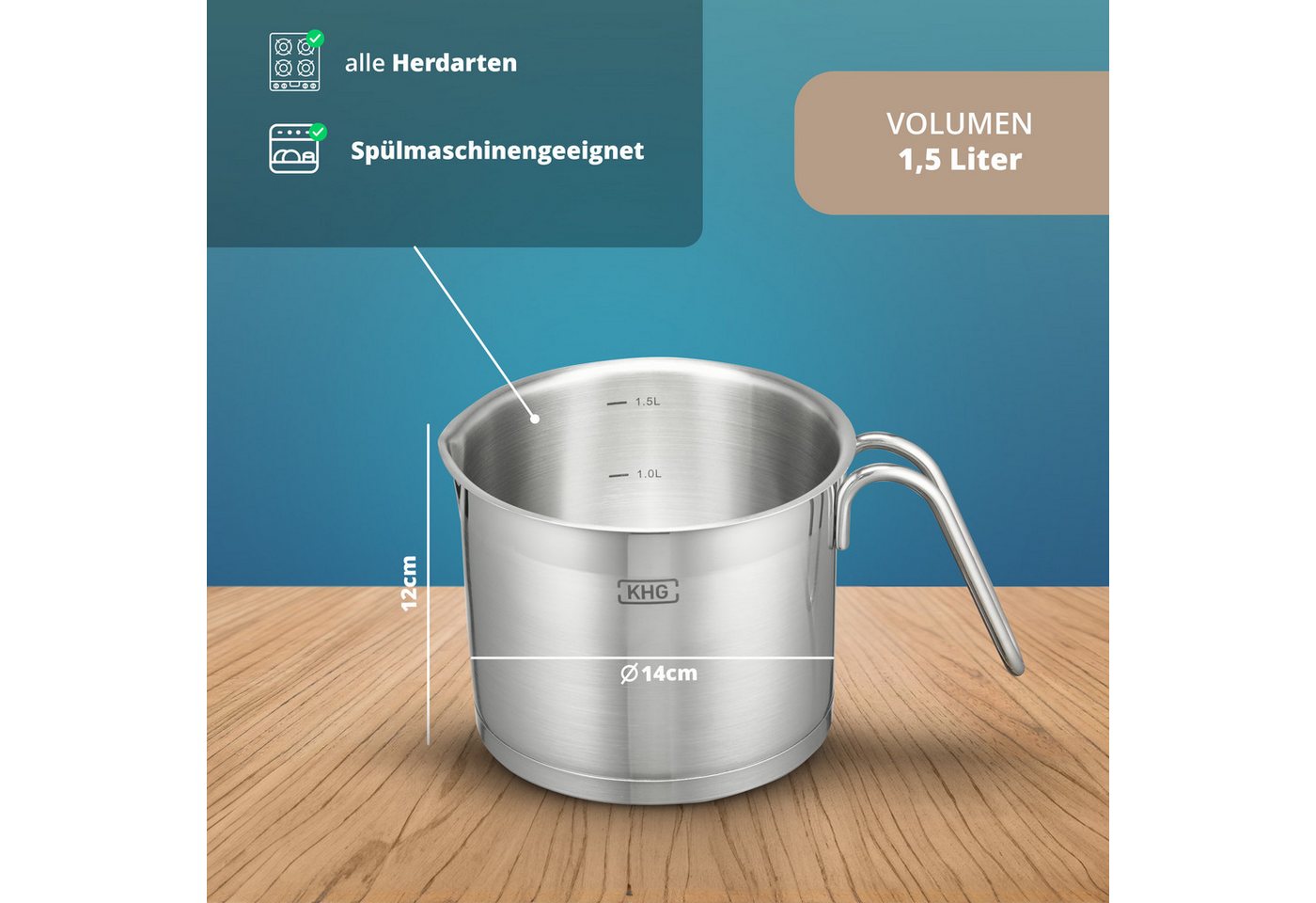 KHG Kochtopf Milchtopf 14 cm Durchmesser, inkl. Ausguss, Edelstahl, 1,5 Liter Volumen, Innenskala, für alle Herdarten inklusive Induktion – Bild 2 von 5