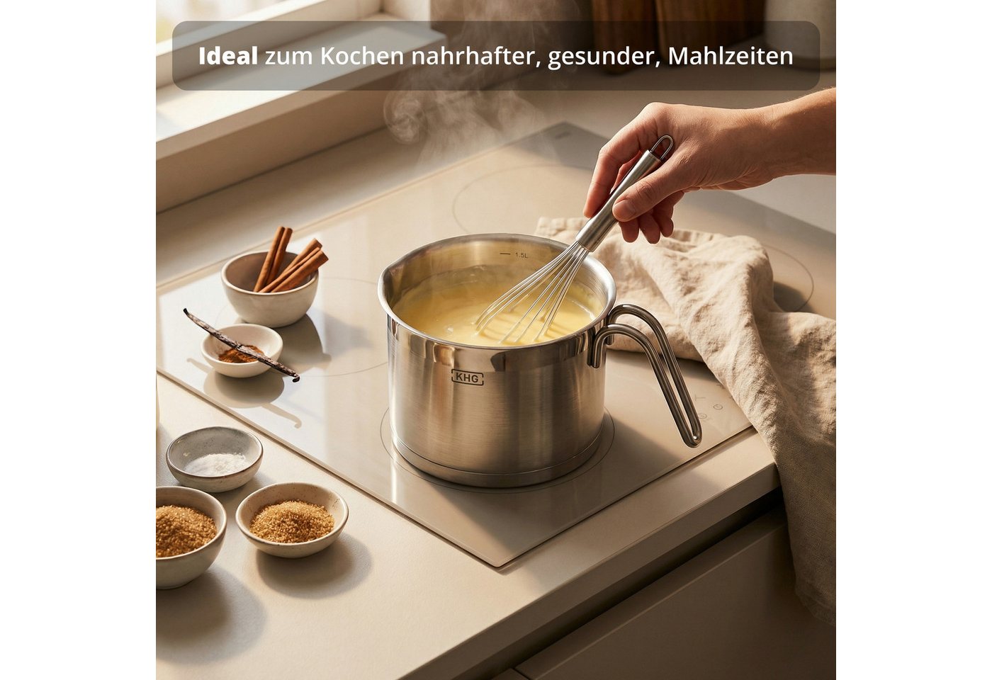 KHG Kochtopf Milchtopf 14 cm Durchmesser, inkl. Ausguss, Edelstahl, 1,5 Liter Volumen, Innenskala, für alle Herdarten inklusive Induktion – Bild 3 von 5