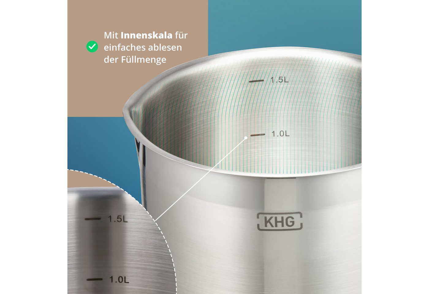 KHG Kochtopf Milchtopf 14 cm Durchmesser, inkl. Ausguss, Edelstahl, 1,5 Liter Volumen, Innenskala, für alle Herdarten inklusive Induktion – Bild 4 von 5
