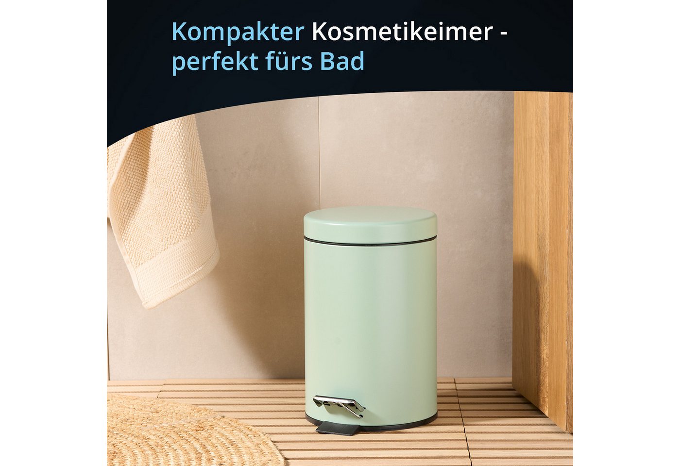 KHG Kosmetikeimer Mülleimer Mint 3 Liter mit Trittmechanismus, Aluminiumgehäuse mit Griff, herausnehmbarer Inneneimer aus Kunststoff – Bild 2 von 5