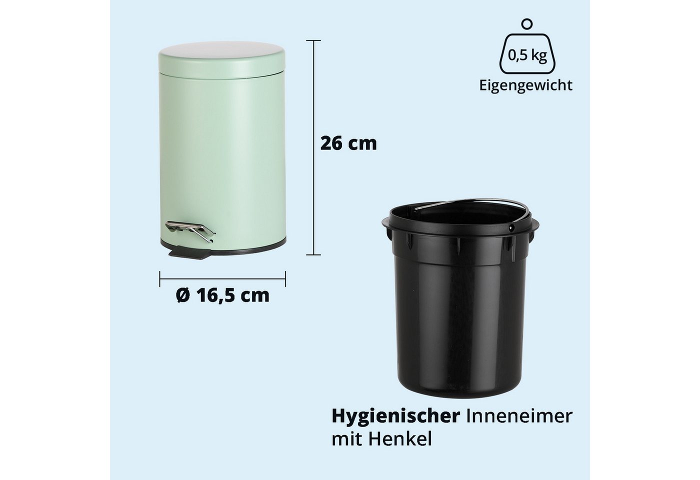 KHG Kosmetikeimer Mülleimer Mint 3 Liter mit Trittmechanismus, Aluminiumgehäuse mit Griff, herausnehmbarer Inneneimer aus Kunststoff – Bild 3 von 5