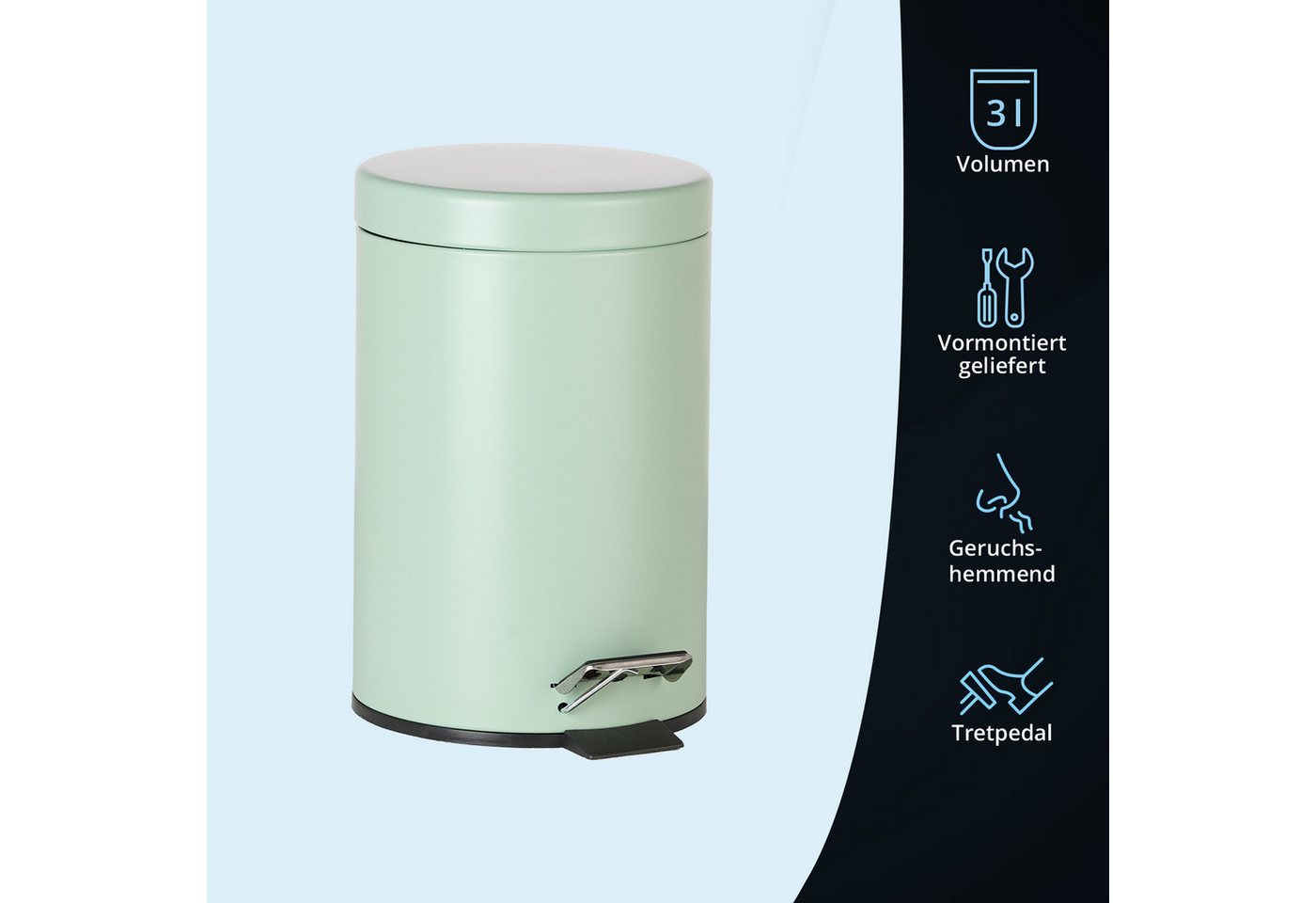 KHG Kosmetikeimer Mülleimer Mint 3 Liter mit Trittmechanismus, Aluminiumgehäuse mit Griff, herausnehmbarer Inneneimer aus Kunststoff – Bild 4 von 5