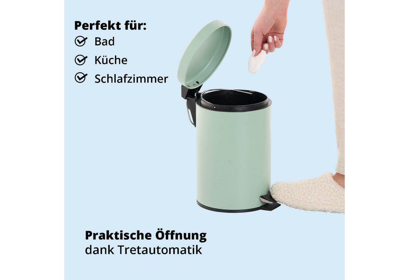 KHG Kosmetikeimer Mülleimer Mint 3 Liter mit Trittmechanismus, Aluminiumgehäuse mit Griff, herausnehmbarer Inneneimer aus Kunststoff – Bild 5 von 5