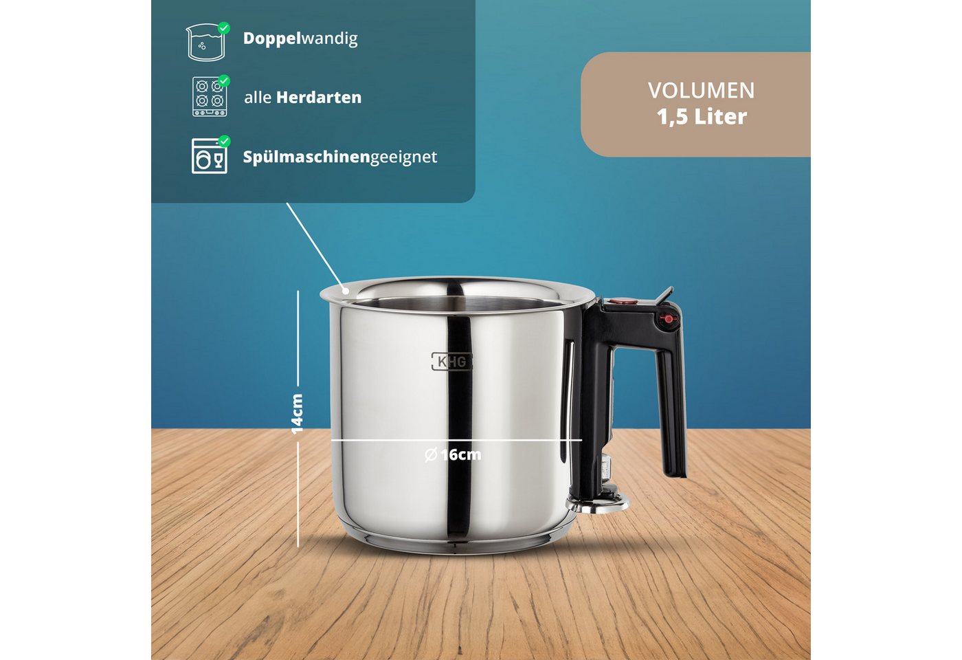 KHG Simmertopf Milchtopf 16 cm, Doppelwandig mit Grifföffnung, Edelstahl, 1,5 Liter Innenskala, Wasserbad-Prinzip, alle Herdarten auch Induktion – Bild 2 von 5