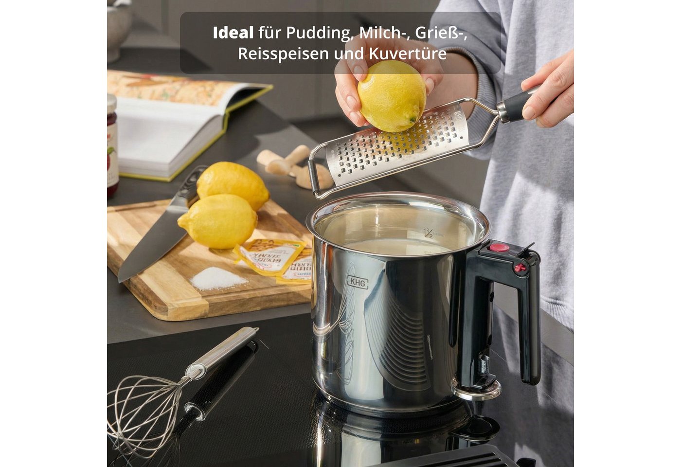 KHG Simmertopf Milchtopf 16 cm, Doppelwandig mit Grifföffnung, Edelstahl, 1,5 Liter Innenskala, Wasserbad-Prinzip, alle Herdarten auch Induktion – Bild 3 von 5