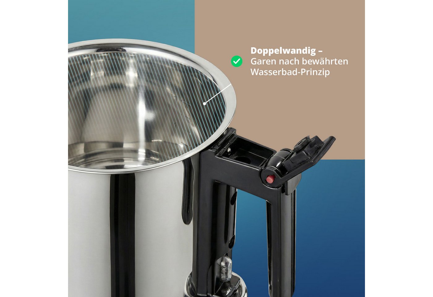 KHG Simmertopf Milchtopf 16 cm, Doppelwandig mit Grifföffnung, Edelstahl, 1,5 Liter Innenskala, Wasserbad-Prinzip, alle Herdarten auch Induktion – Bild 4 von 5