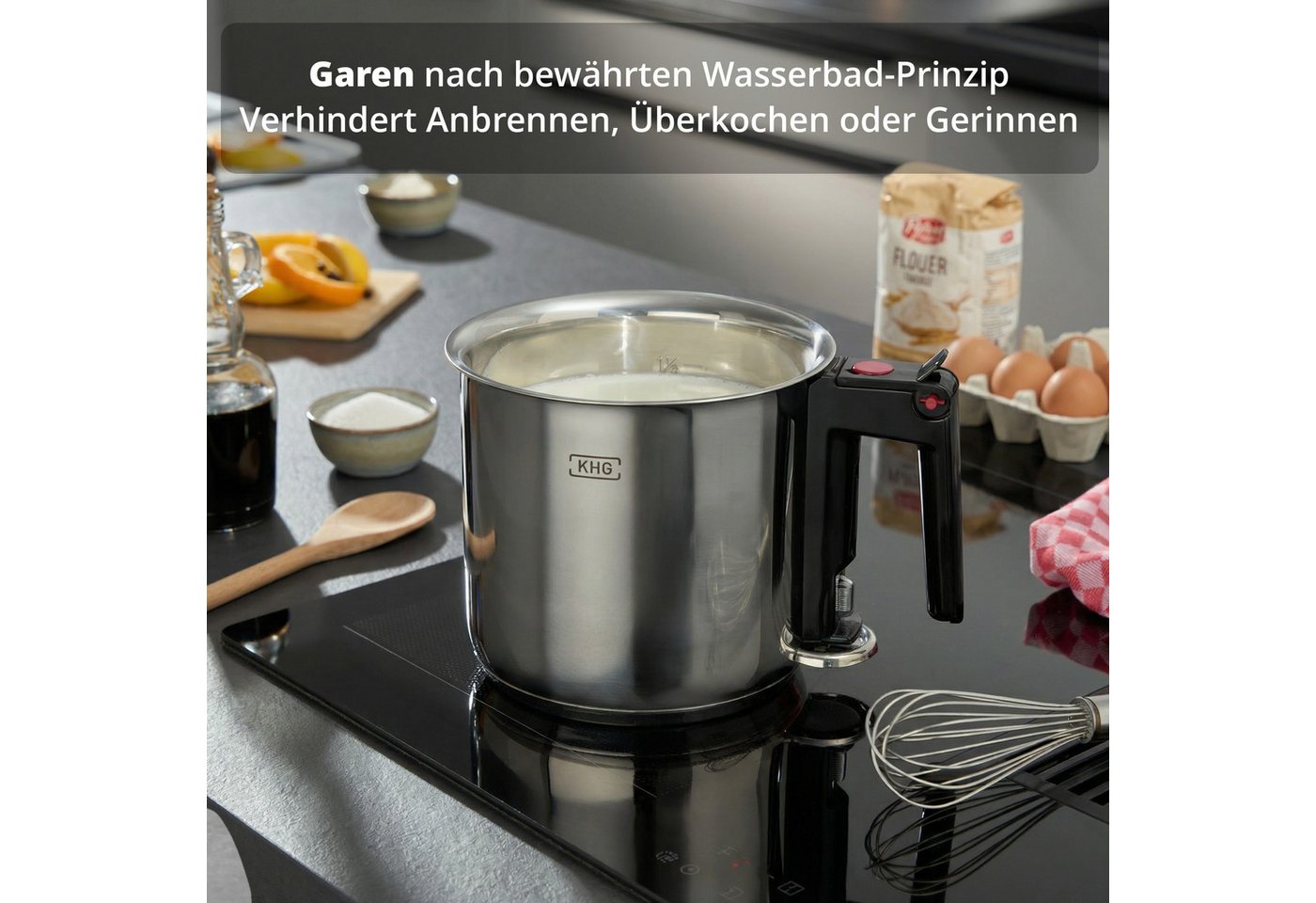 KHG Simmertopf Milchtopf 16 cm, Doppelwandig mit Grifföffnung, Edelstahl, 1,5 Liter Innenskala, Wasserbad-Prinzip, alle Herdarten auch Induktion – Bild 5 von 5