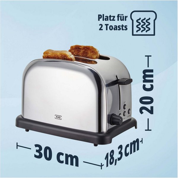 KHG Toaster Edelstahl, Auftau- und Aufwärmfunktion, 6 Bräunungsstufen, 2 kurze Schlitze, für 2 Scheiben, 1000 W, Brötchenaufsatz, Krümelschublade, Bagel-Funktio