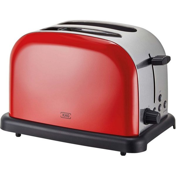 KHG Toaster Edelstahl, Auftau- und Aufwärmfunktion, 6 Bräunungsstufen, 2 kurze Schlitze, für 2 Scheiben, 1000 W, Brötchenaufsatz, Krümelschublade, Bagel-Funktio