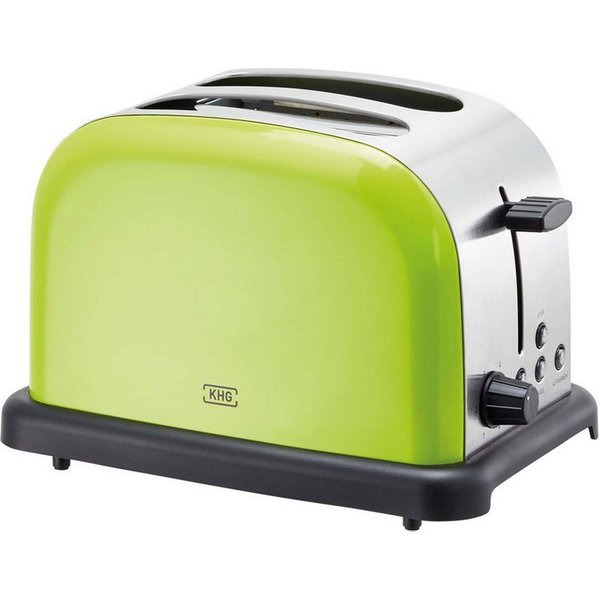 KHG Toaster Edelstahl, Auftau- und Aufwärmfunktion, 6 Bräunungsstufen, 2 kurze Schlitze, für 2 Scheiben, 1000 W, Brötchenaufsatz, Krümelschublade, Bagel-Funktio