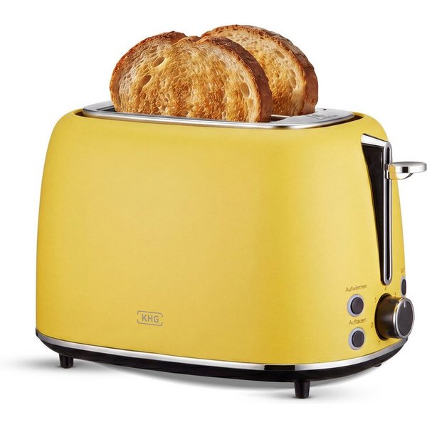 KHG Toaster Edelstahl Gelb, 930 W, 2 Scheiben-Toaster mit Brötchenaufsatz, 2 kurze Schlitze, für 2 Scheiben, 930 W, Auftau- und Aufwärmfunktion, Abschaltautomat