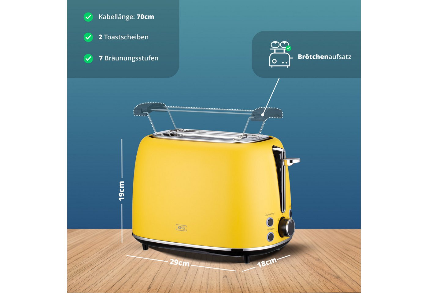 KHG Toaster Edelstahl Gelb, 930 W, 2 Scheiben-Toaster mit Brötchenaufsatz, 2 kurze Schlitze, für 2 Scheiben, 930 W, Auftau- und Aufwärmfunktion, Abschaltautomat – Bild 2 von 5