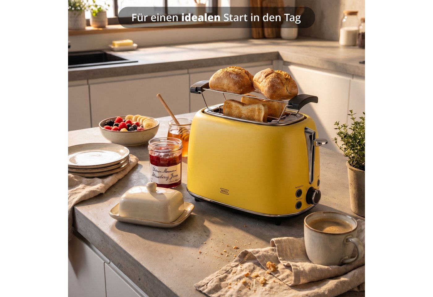 KHG Toaster Edelstahl Gelb, 930 W, 2 Scheiben-Toaster mit Brötchenaufsatz, 2 kurze Schlitze, für 2 Scheiben, 930 W, Auftau- und Aufwärmfunktion, Abschaltautomat – Bild 3 von 5