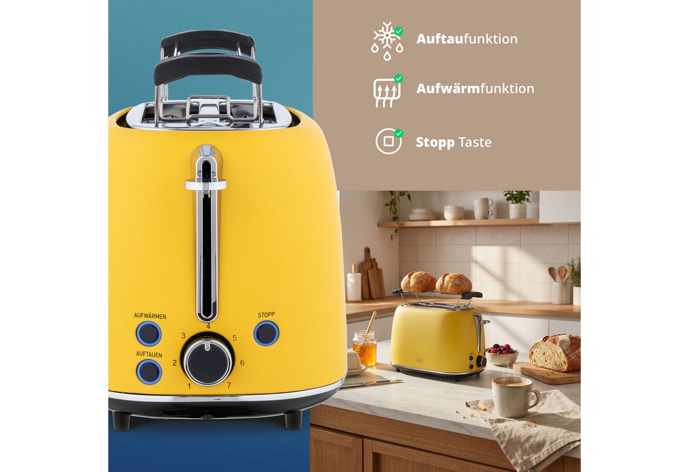 KHG Toaster Edelstahl Gelb, 930 W, 2 Scheiben-Toaster mit Brötchenaufsatz, 2 kurze Schlitze, für 2 Scheiben, 930 W, Auftau- und Aufwärmfunktion, Abschaltautomat – Bild 4 von 5