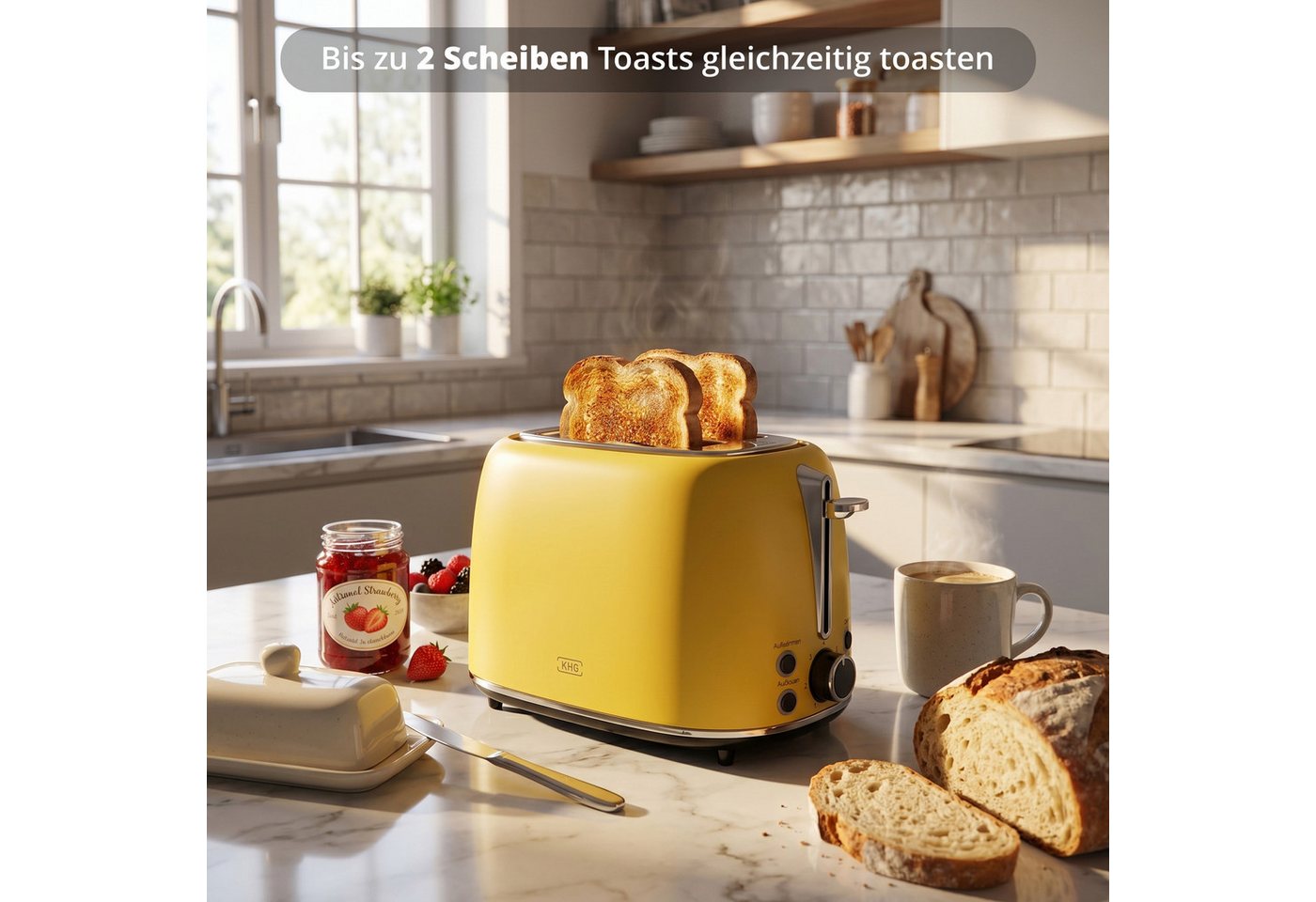 KHG Toaster Edelstahl Gelb, 930 W, 2 Scheiben-Toaster mit Brötchenaufsatz, 2 kurze Schlitze, für 2 Scheiben, 930 W, Auftau- und Aufwärmfunktion, Abschaltautomat – Bild 5 von 5