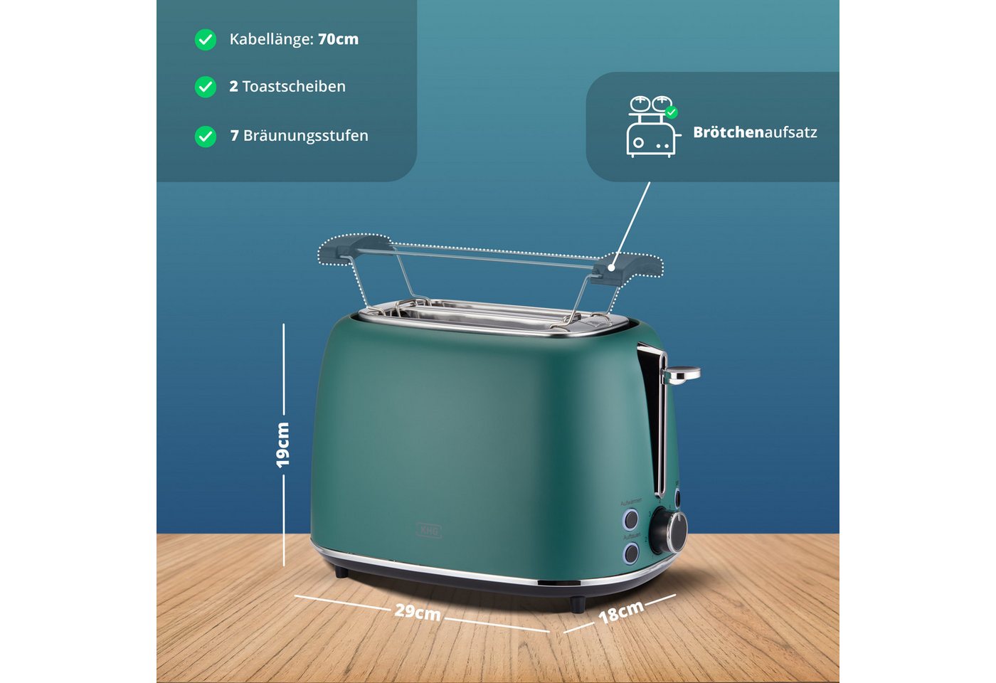 KHG Toaster Edelstahl Grün, 930 W, 2 Scheiben-Toaster mit Brötchenaufsatz, 2 kurze Schlitze, für 2 Scheiben, 930 W, Auftau- und Aufwärmfunktion, Abschaltautomat – Bild 2 von 5
