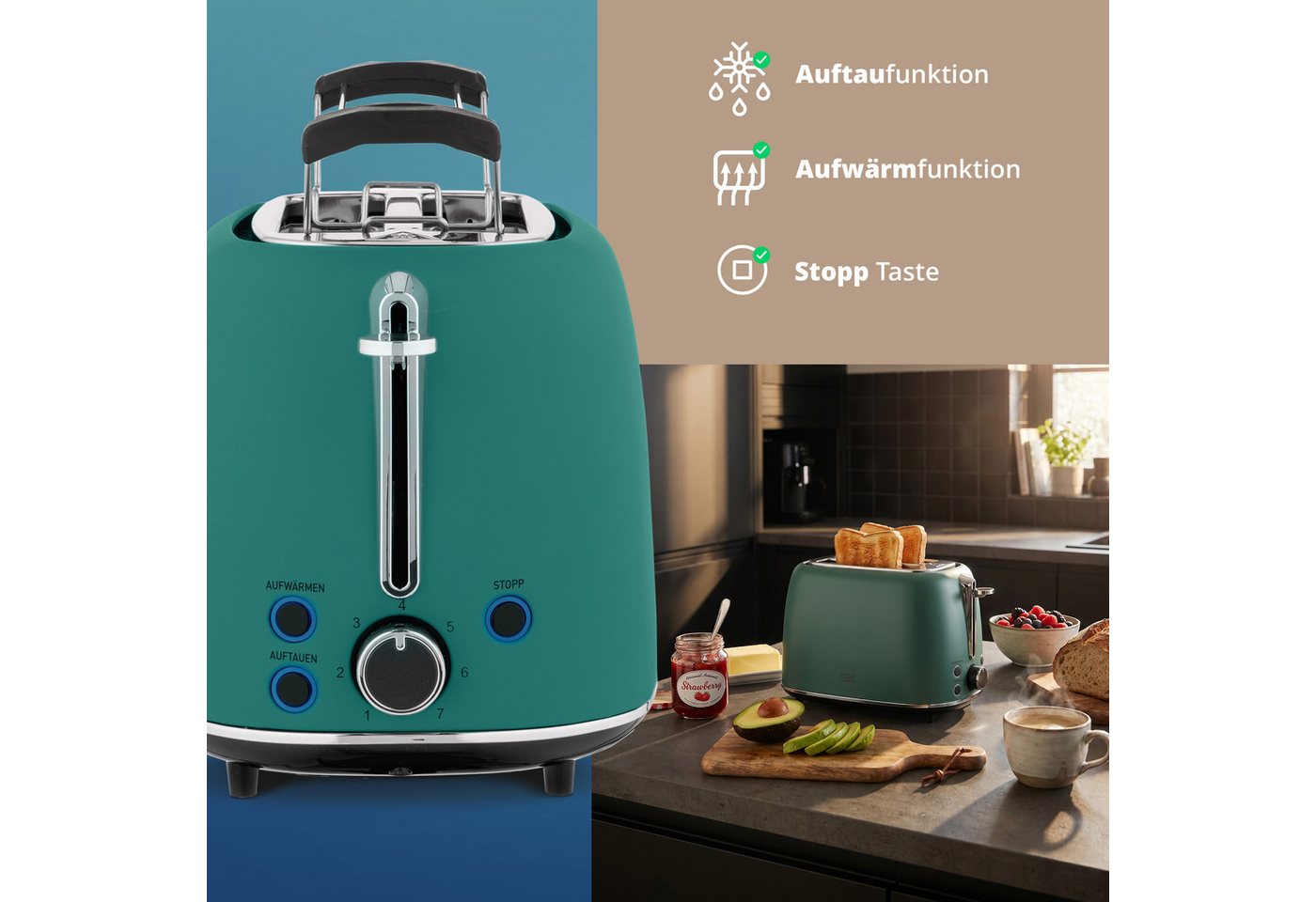 KHG Toaster Edelstahl Grün, 930 W, 2 Scheiben-Toaster mit Brötchenaufsatz, 2 kurze Schlitze, für 2 Scheiben, 930 W, Auftau- und Aufwärmfunktion, Abschaltautomat – Bild 4 von 5