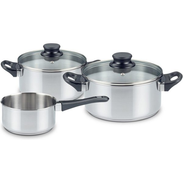 KHG Topf-Set mit Glasdeckeln, für alle Herdarten inklusive Induktion, Edelstahl (5-tlg), Unbeschichtet, Dampfloch im Deckel, Innenskala, spülmaschinenfest