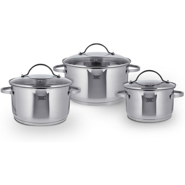 KHG Topf-Set mit Glasdeckeln, für alle Herdarten inklusive Induktion, Edelstahl (Topf-Set, 6-tlg), Sieb & Dampfloch im Deckel, Ausgusslippe im Topfrand, Innensk