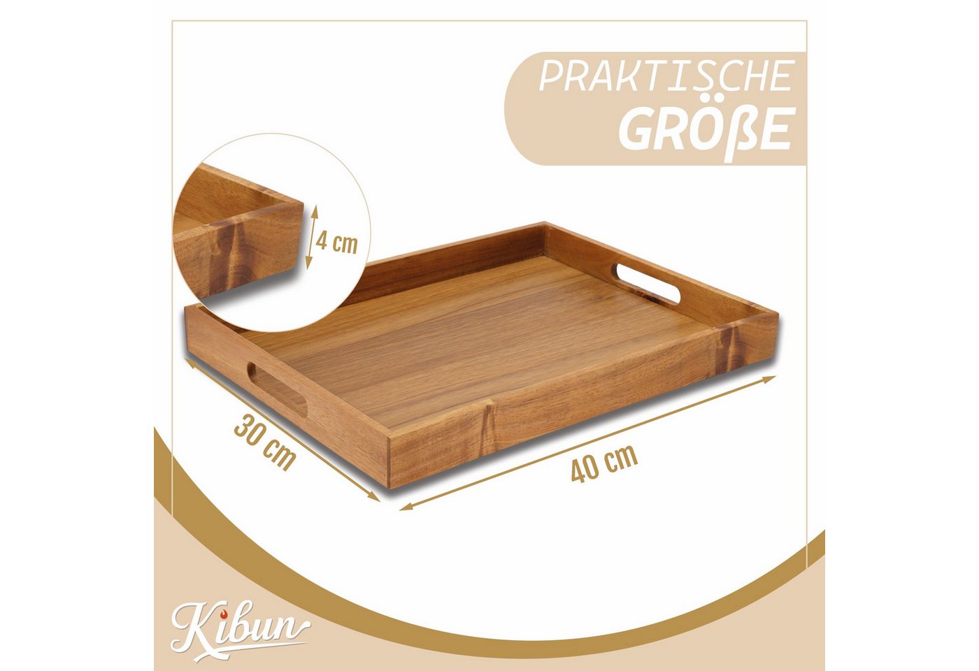 Kibun Tablett Serviertablett aus Akazienholz, Akazienholz, (Einzelartikel, 1-tlg., 1 Serviertablett), Mit integrierten Griffen und antibakteriellen Eigenschafte – Bild 2 von 5