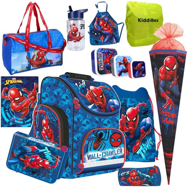 KiddiBex Schulranzen Spiderman 5tlg. oder 13tlg. (Set, 13-tlg., Schultüte, Mäppchen-Set, Trinkflasche, 3 Snack-Boxen, Sporttasche), Jungen 1. Klasse - Grundschu