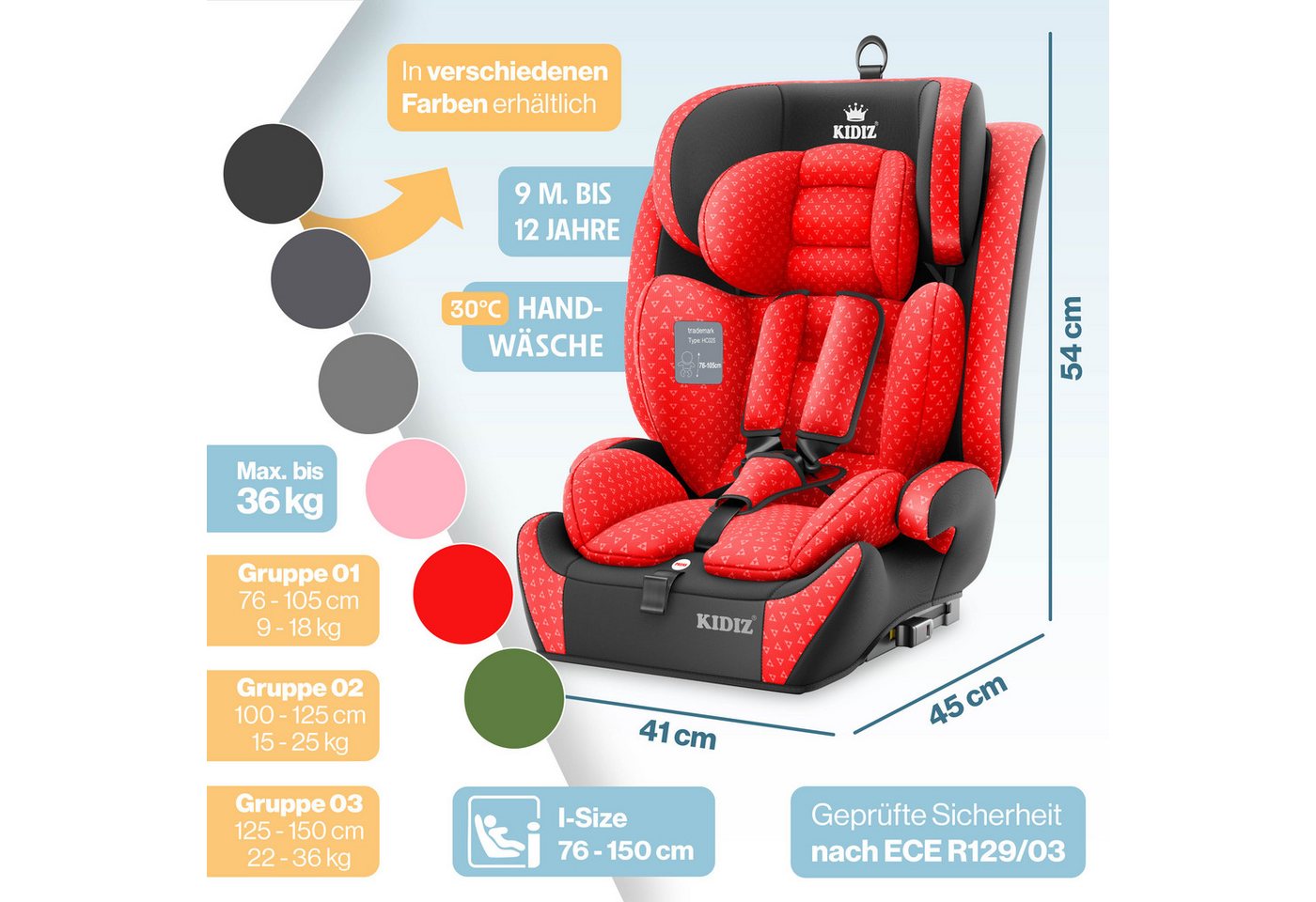 KIDIZ Autokindersitz, Kinderautositz Isofix 1-12 Jahre, Mitwachsend, Gruppe 1+2+3, 9-36 kg – Bild 2 von 5