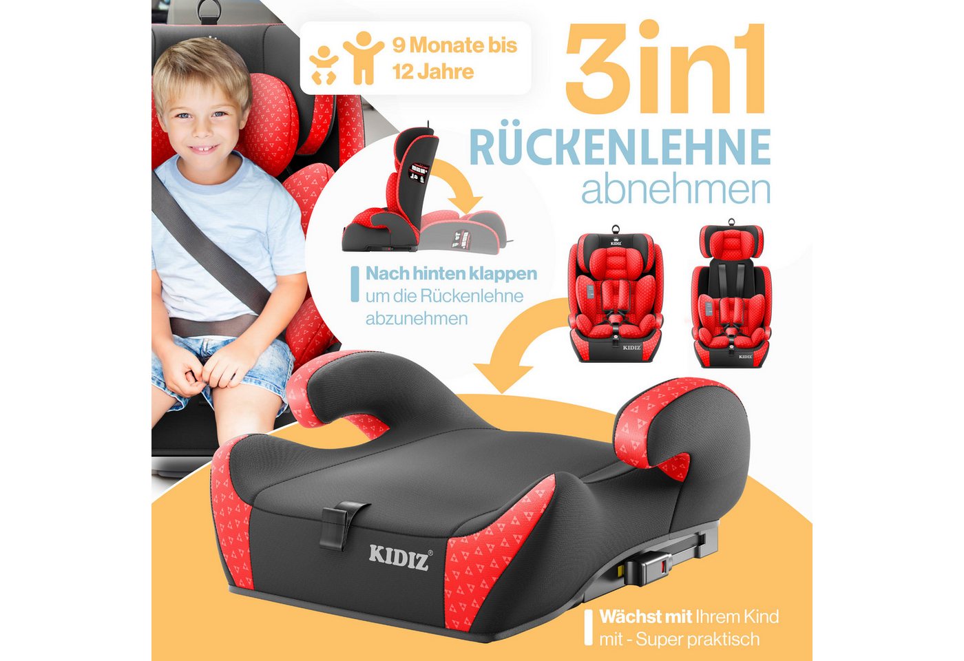 KIDIZ Autokindersitz, Kinderautositz Isofix 1-12 Jahre, Mitwachsend, Gruppe 1+2+3, 9-36 kg – Bild 3 von 5