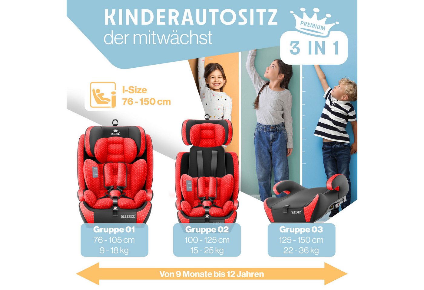 KIDIZ Autokindersitz, Kinderautositz Isofix 1-12 Jahre, Mitwachsend, Gruppe 1+2+3, 9-36 kg – Bild 4 von 5
