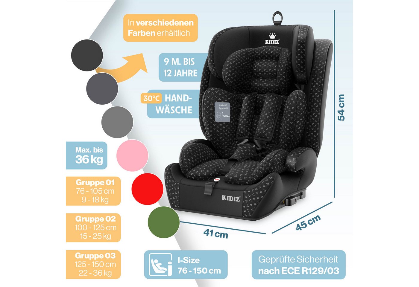 KIDIZ Autokindersitz, Kinderautositz Isofix 1-12 Jahre, Mitwachsend, Gruppe 1+2+3, 9-36 kg – Bild 2 von 5