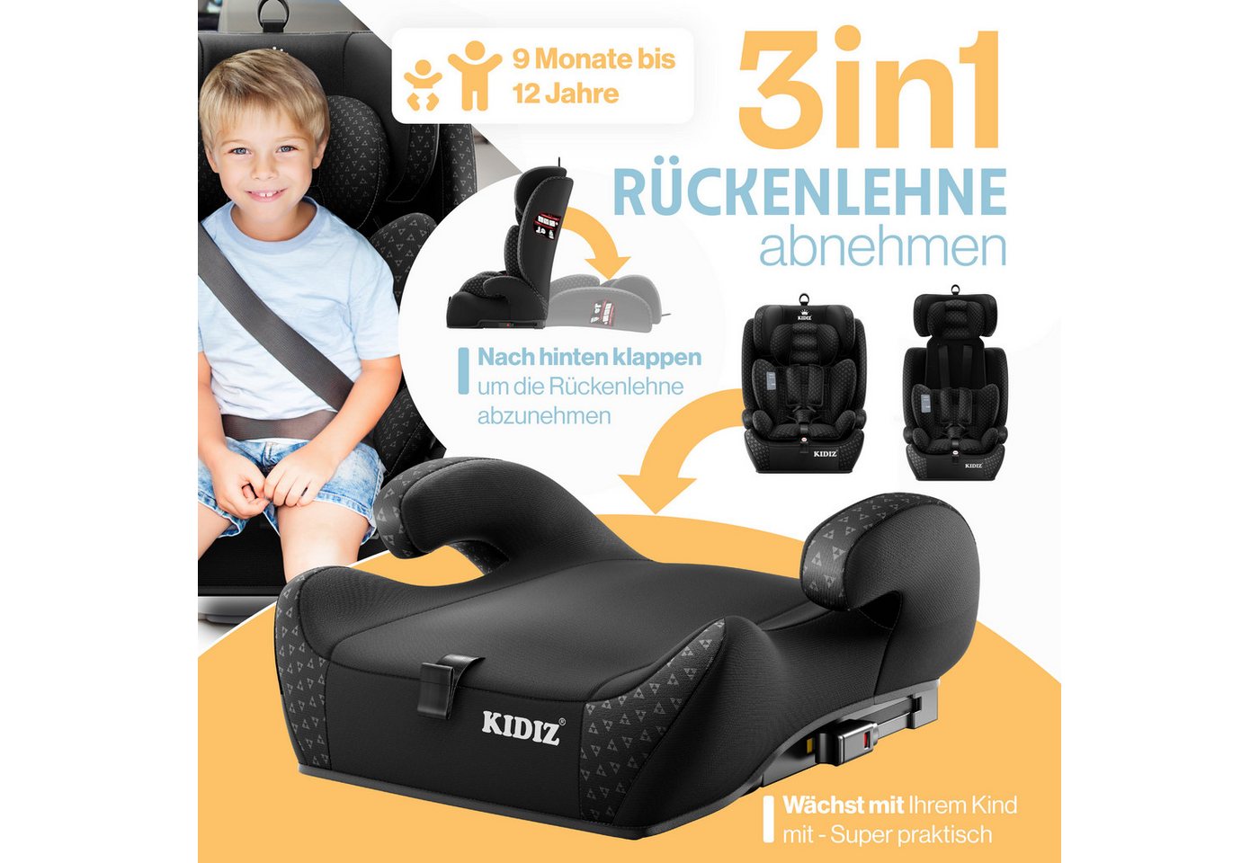 KIDIZ Autokindersitz, Kinderautositz Isofix 1-12 Jahre, Mitwachsend, Gruppe 1+2+3, 9-36 kg – Bild 3 von 5