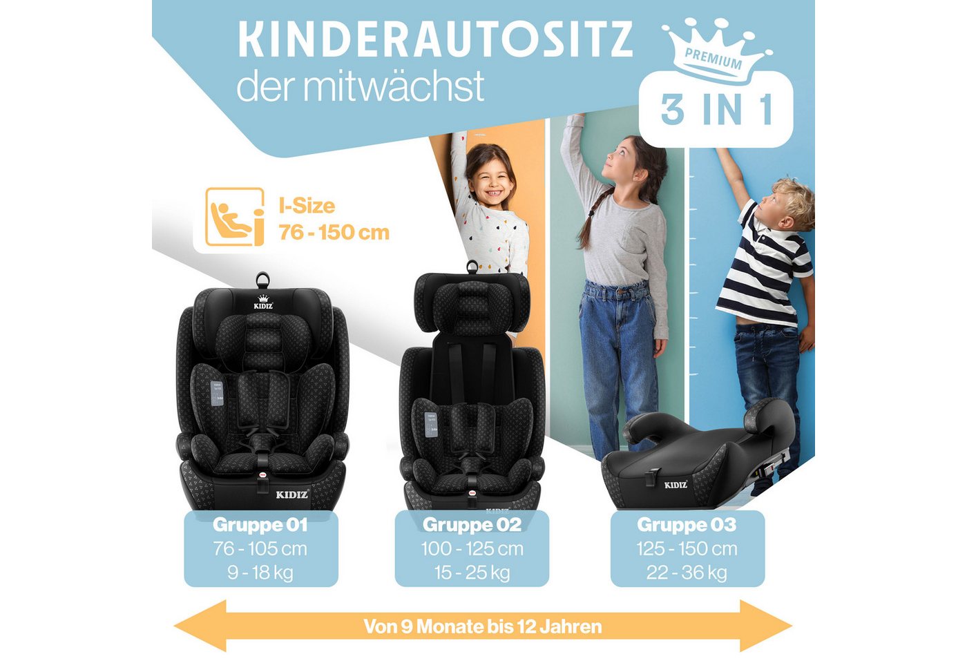 KIDIZ Autokindersitz, Kinderautositz Isofix 1-12 Jahre, Mitwachsend, Gruppe 1+2+3, 9-36 kg – Bild 4 von 5